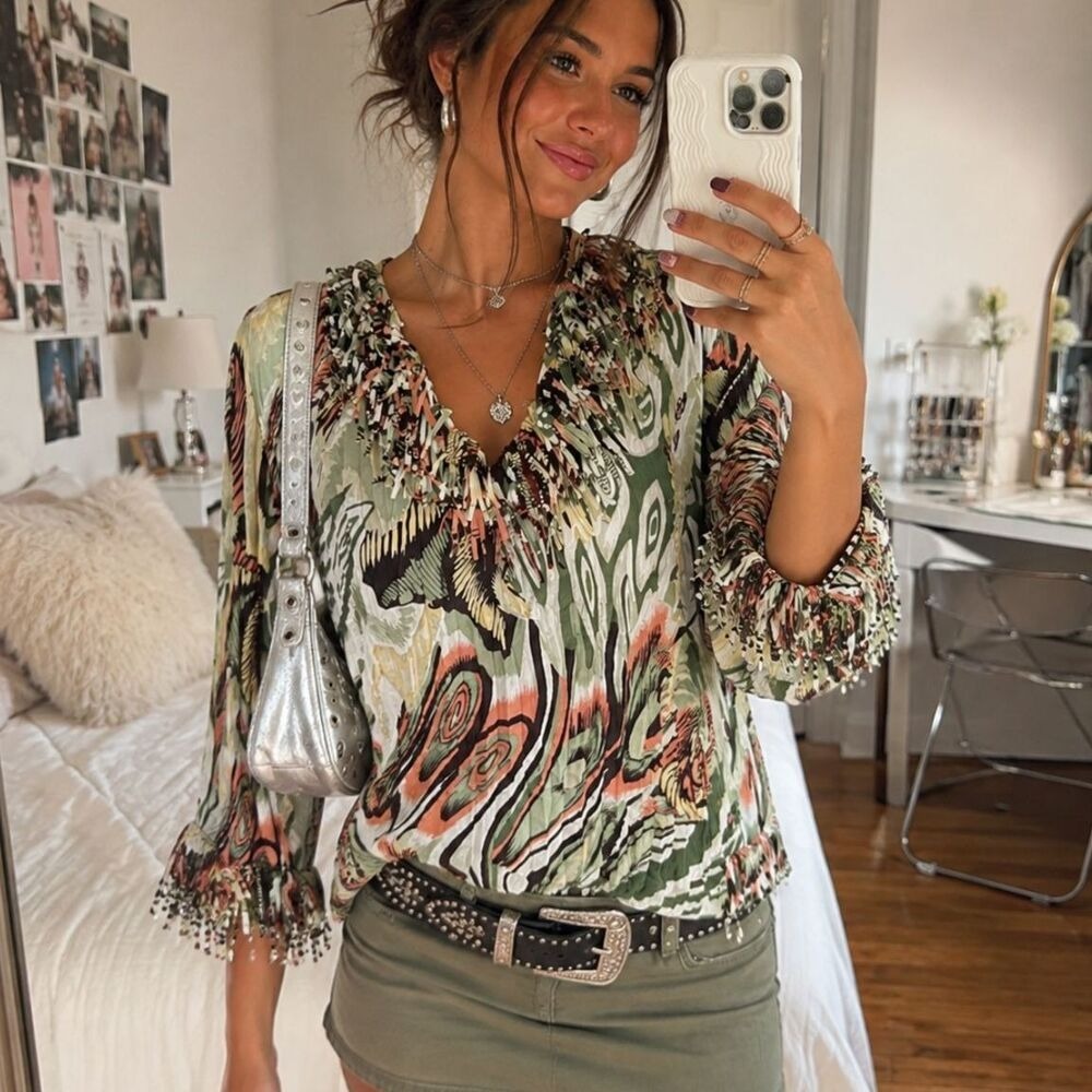 Dressbarn Blouse Womens Large Green Abstract Fringe Boho Top